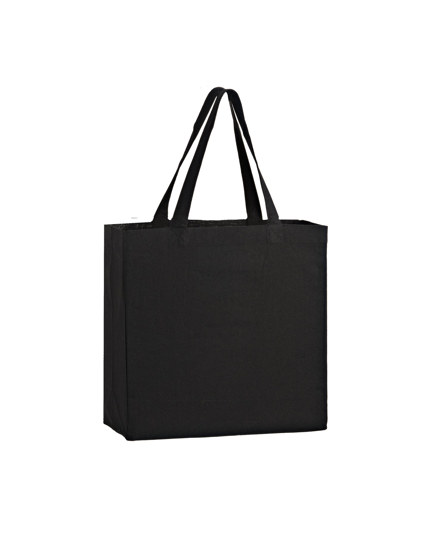 Black tote bag with striped handles on a white background