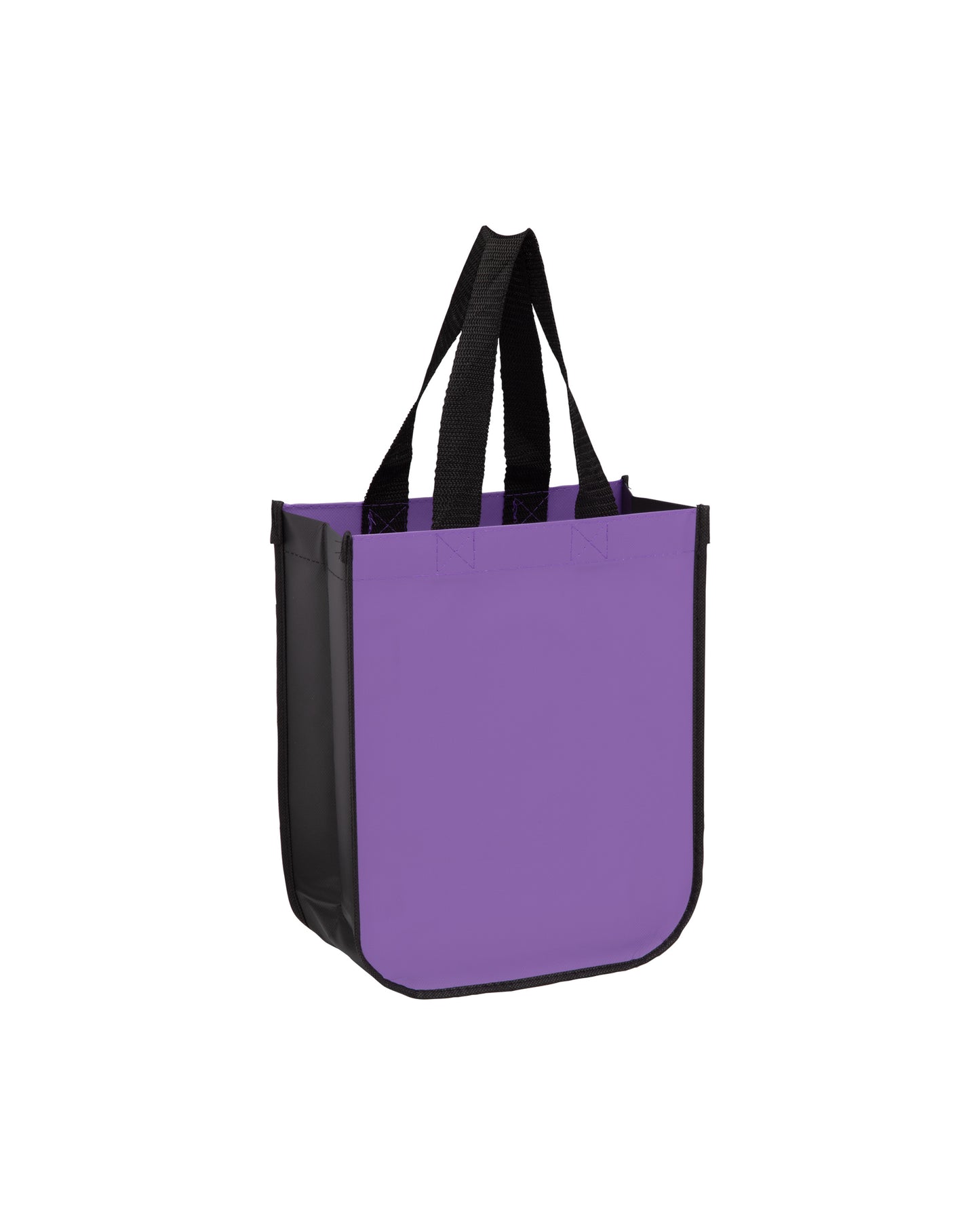 Purple tote bag with black handles on a white background