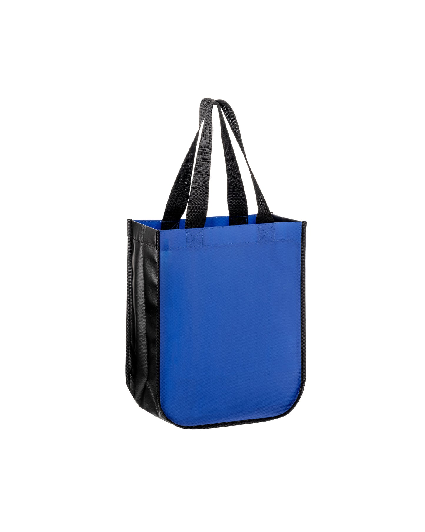 Blue tote bag with black handles on a white background