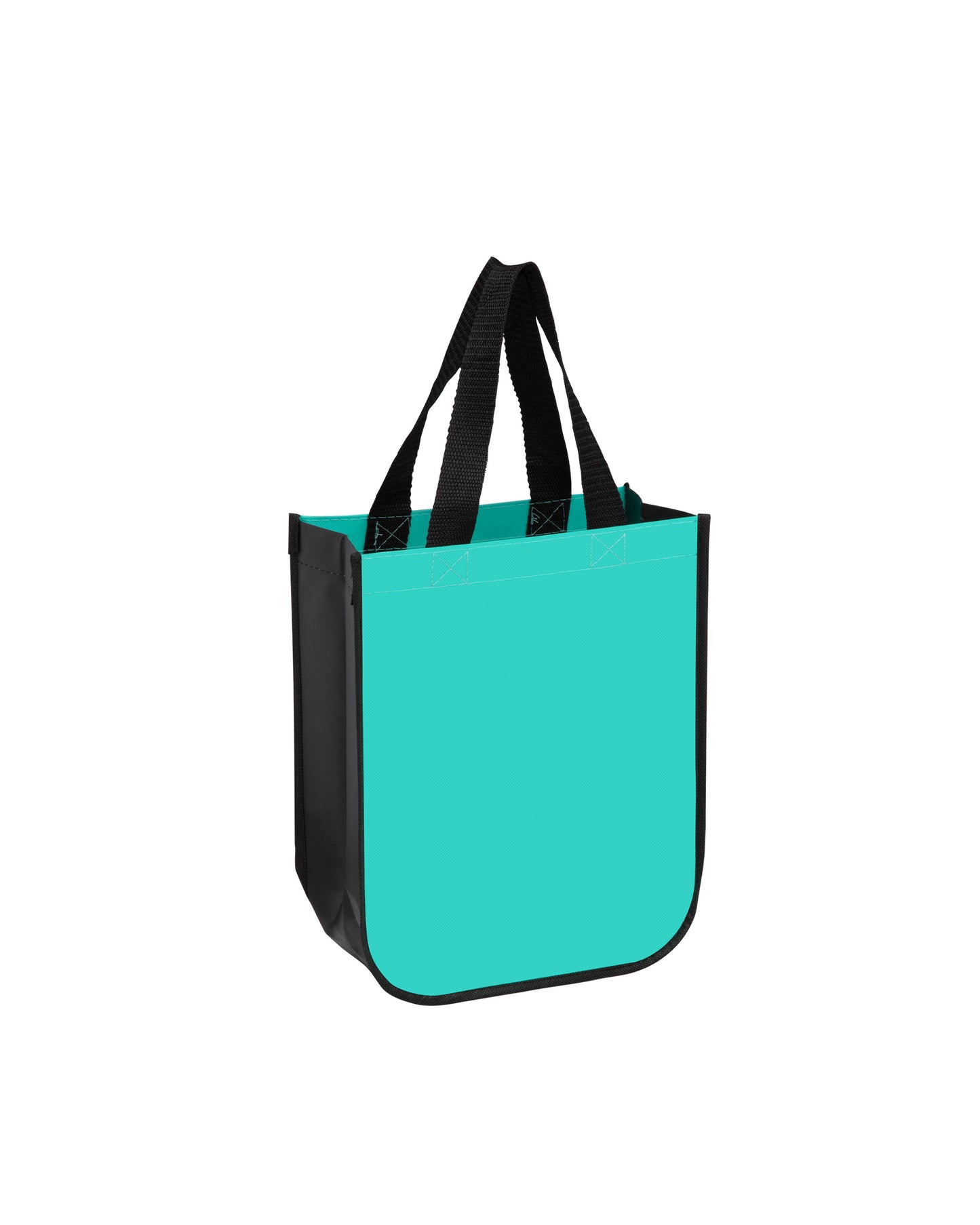 Turquoise tote bag with black handles on a white background