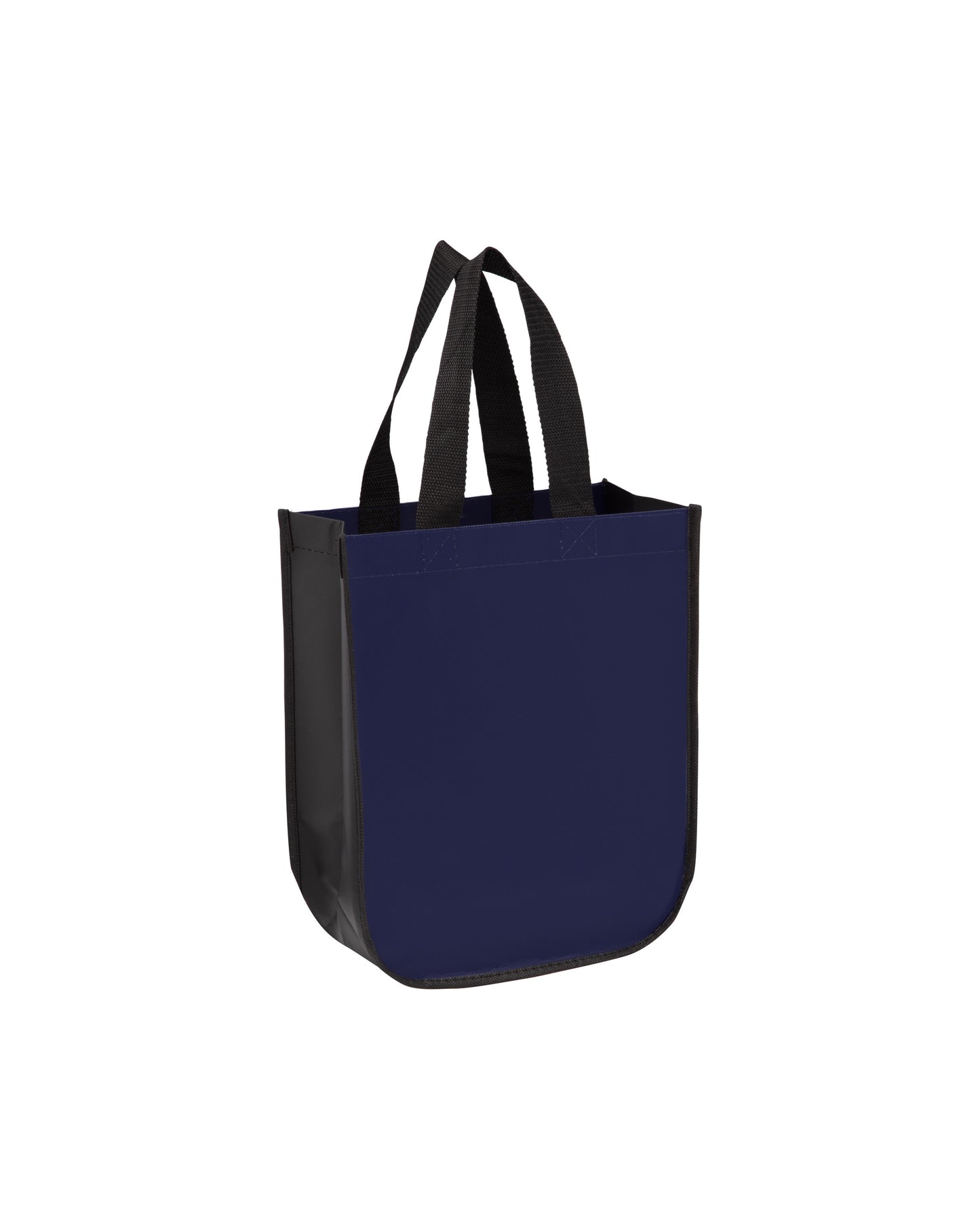 Navy blue tote bag with black handles on a white background