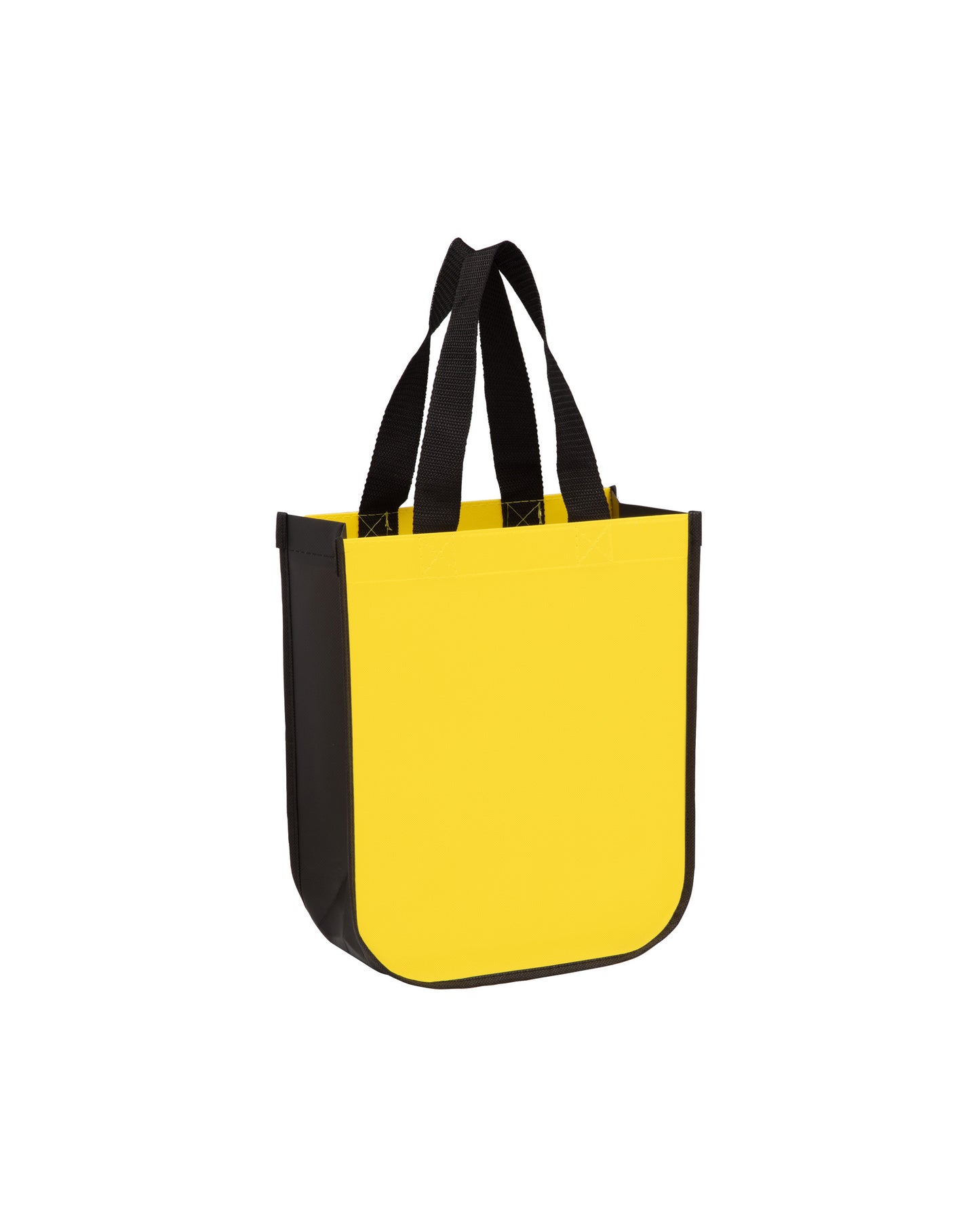 Yellow tote bag with black handles on a white background