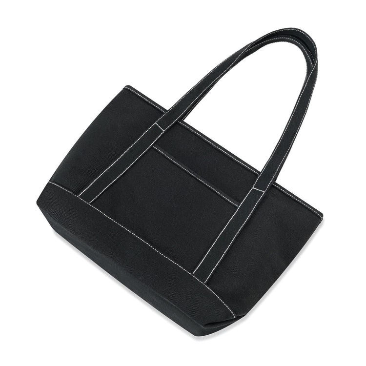 Black tote bag with white stitching on a white background