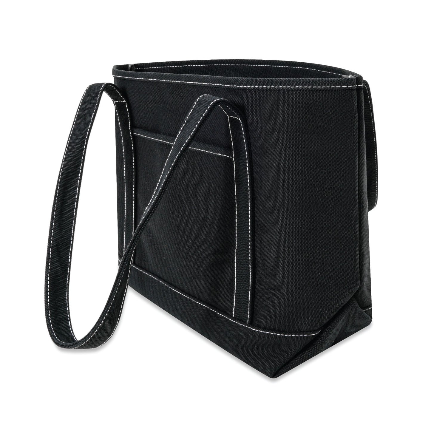 Black tote bag with white stitching on a white background