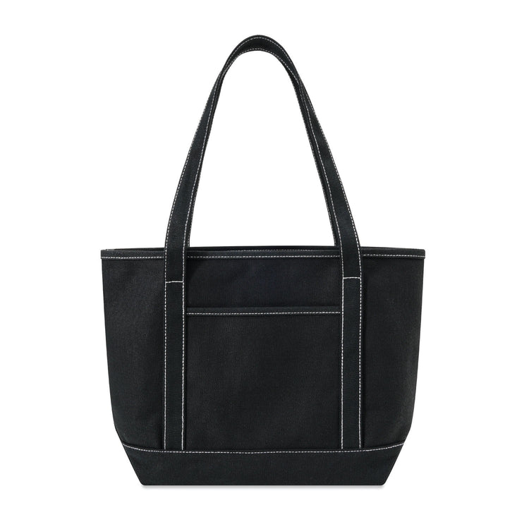 Black tote bag with white stitching on a white background