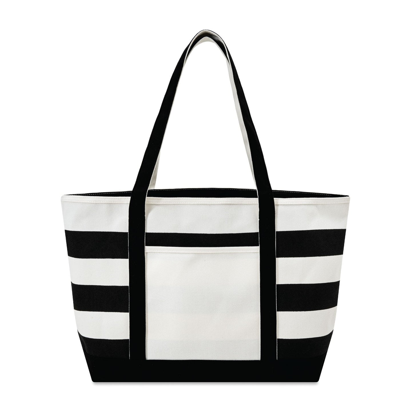 Black and white striped tote bag on a white background