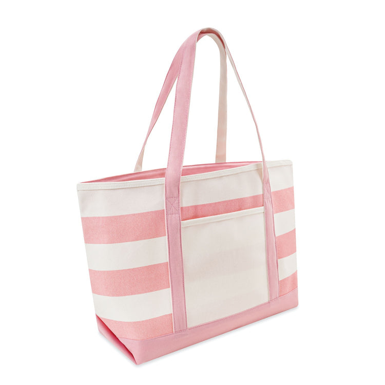 Pink and white striped tote bag on a white background