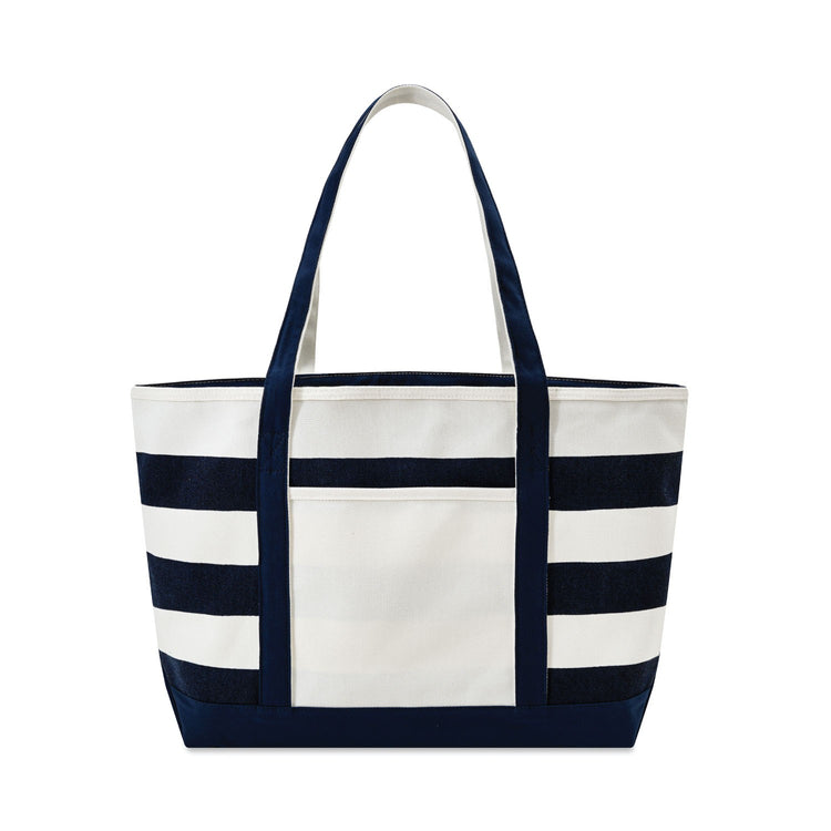 Navy and white striped tote bag on a white background
