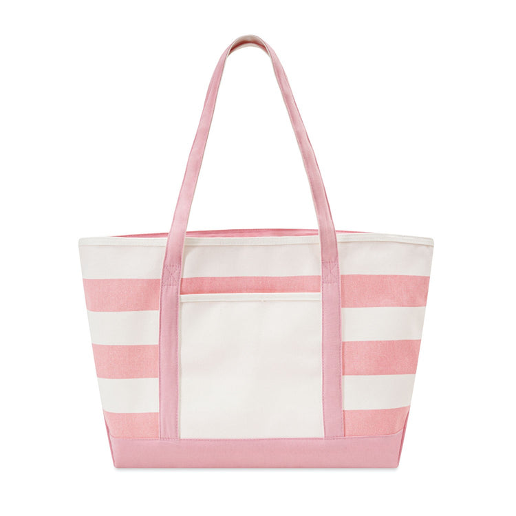 Pink and white striped tote bag on a white background