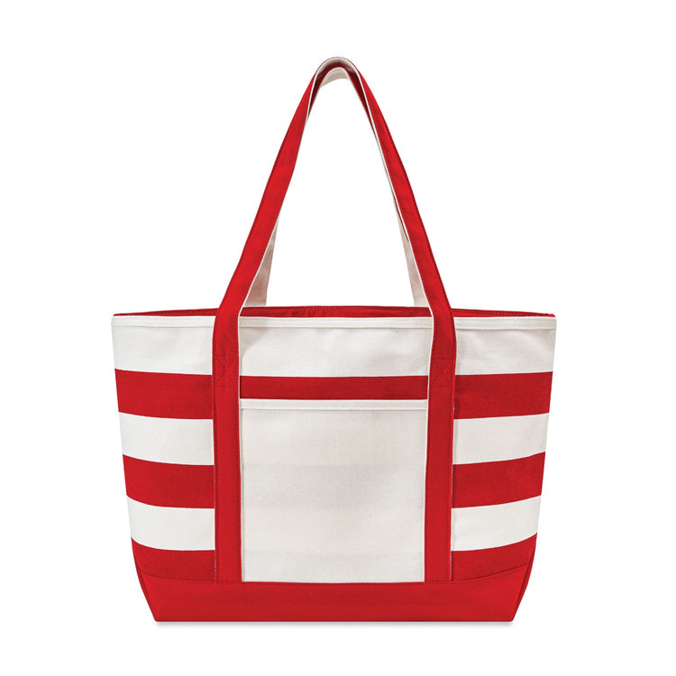 Red and white striped tote bag on a white background