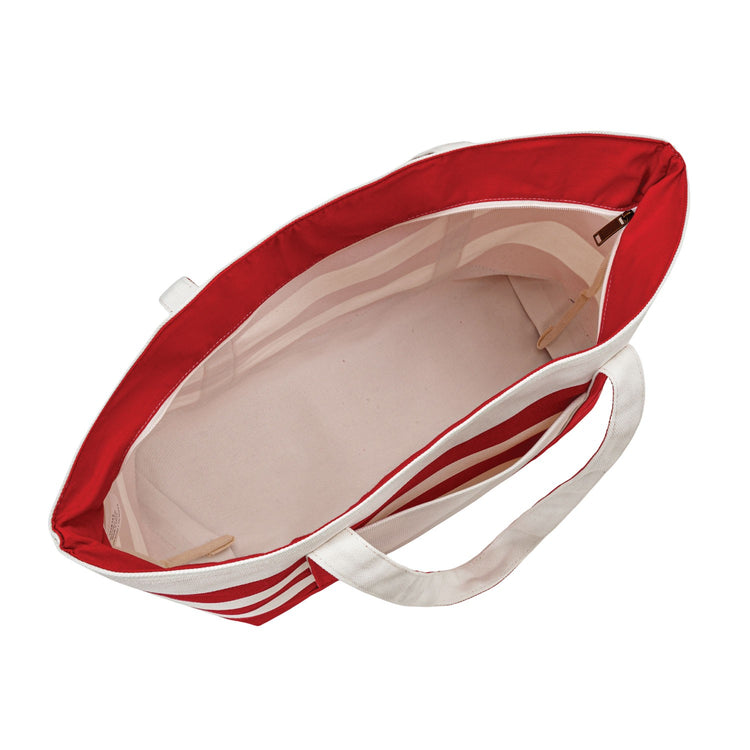 Red and white bag with a zipper on a white background