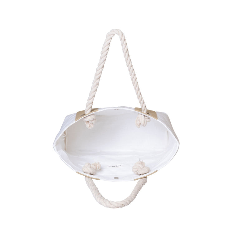 White hanging basket with rope handles on a white background