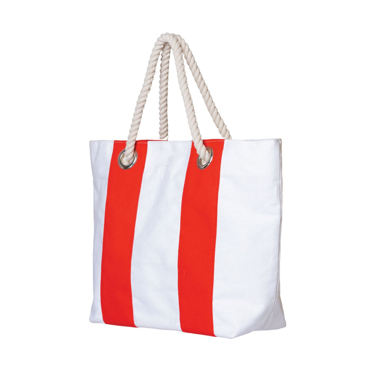 White and red striped tote bag with rope handles on a white background