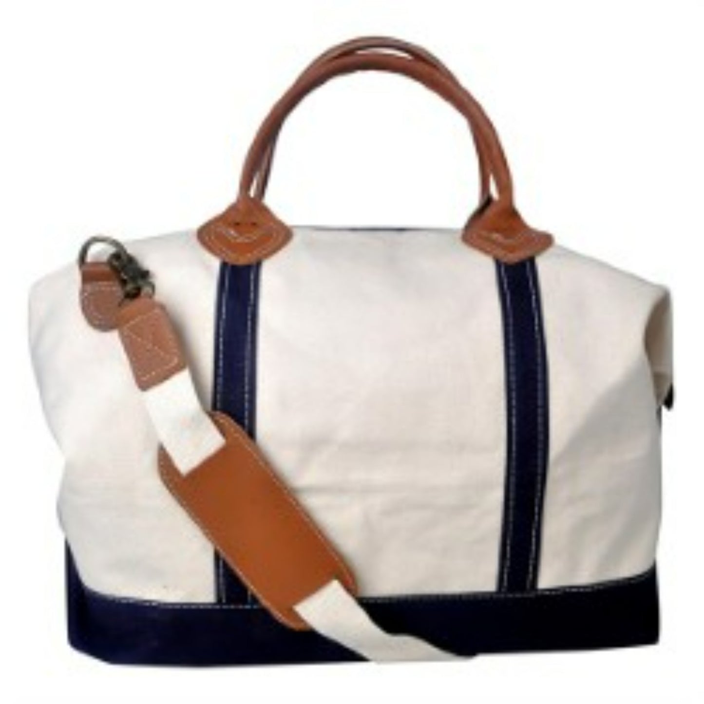 White and navy bag with brown leather straps on a white background