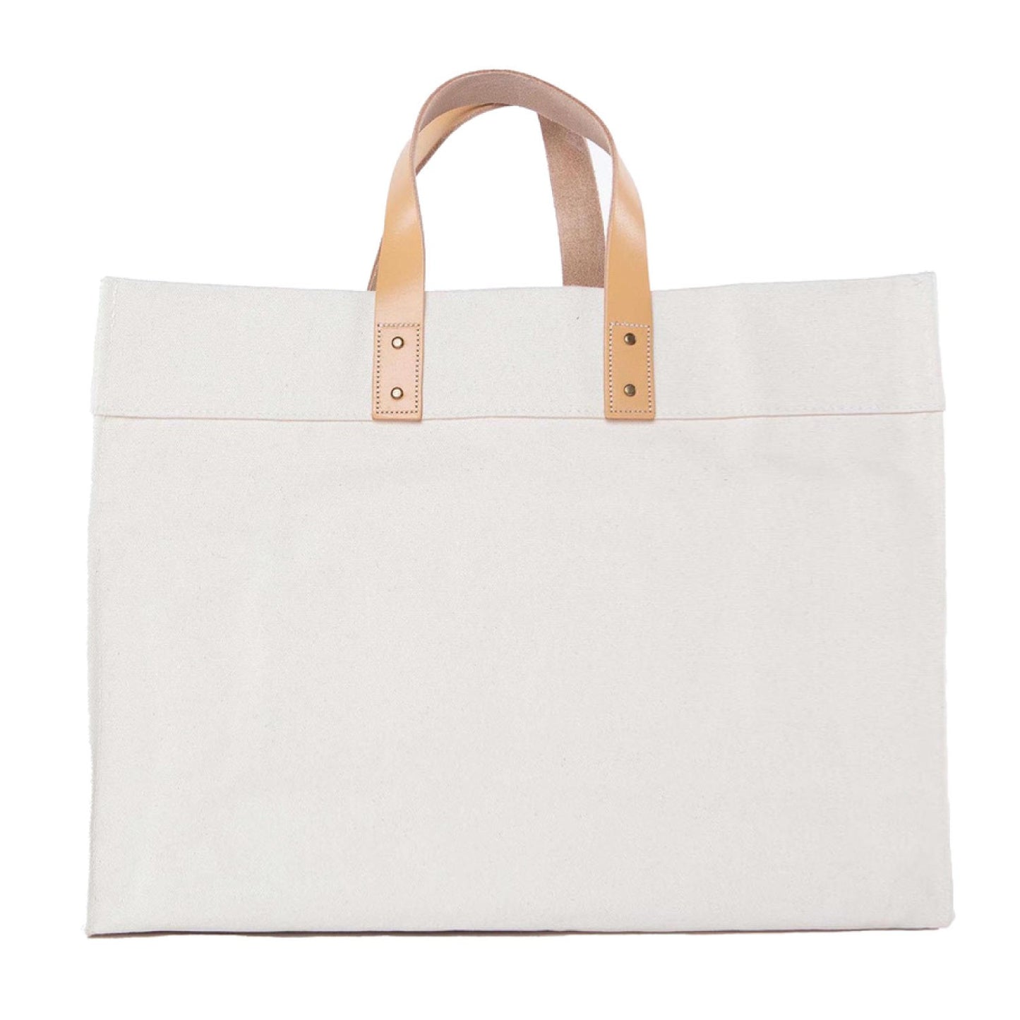White tote bag with beige handles on a white background