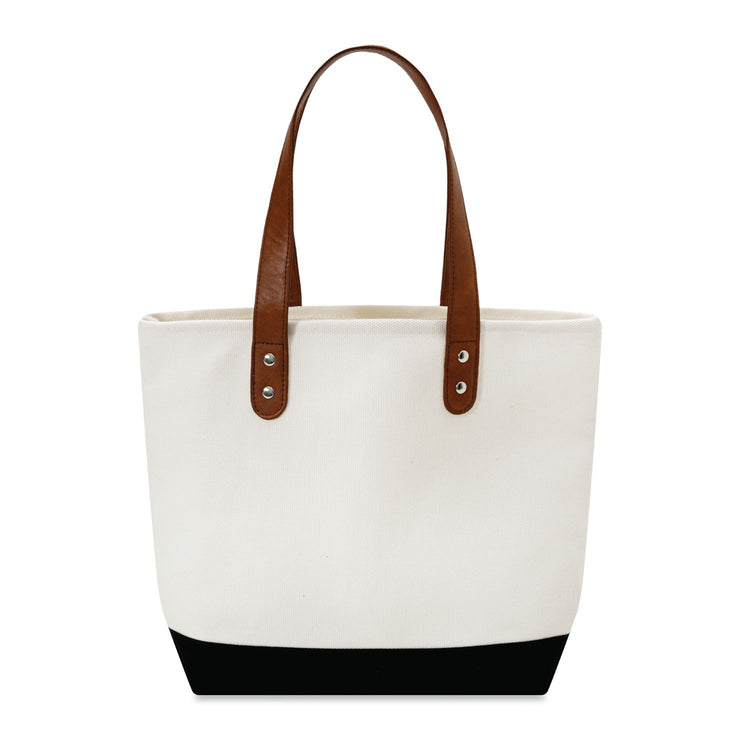 White tote bag with brown handles and black bottom on a white background