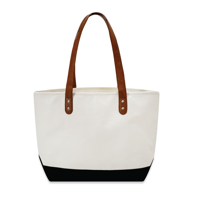 White tote bag with brown handles and black bottom section on a white background