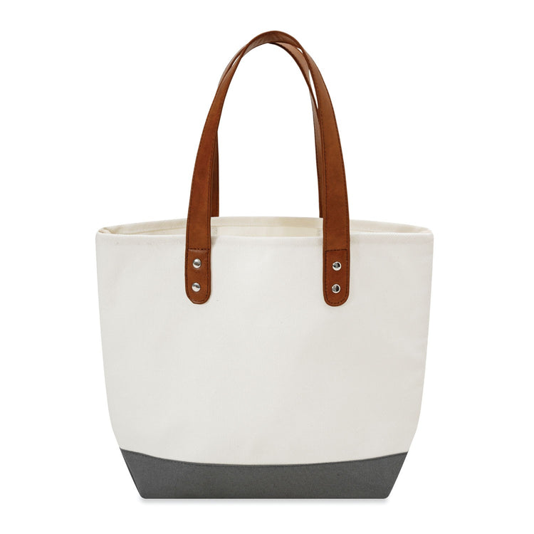 White tote bag with brown handles and a black base on a white background