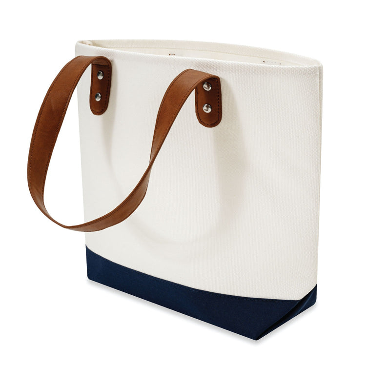 White tote bag with brown handles and navy base on a white background