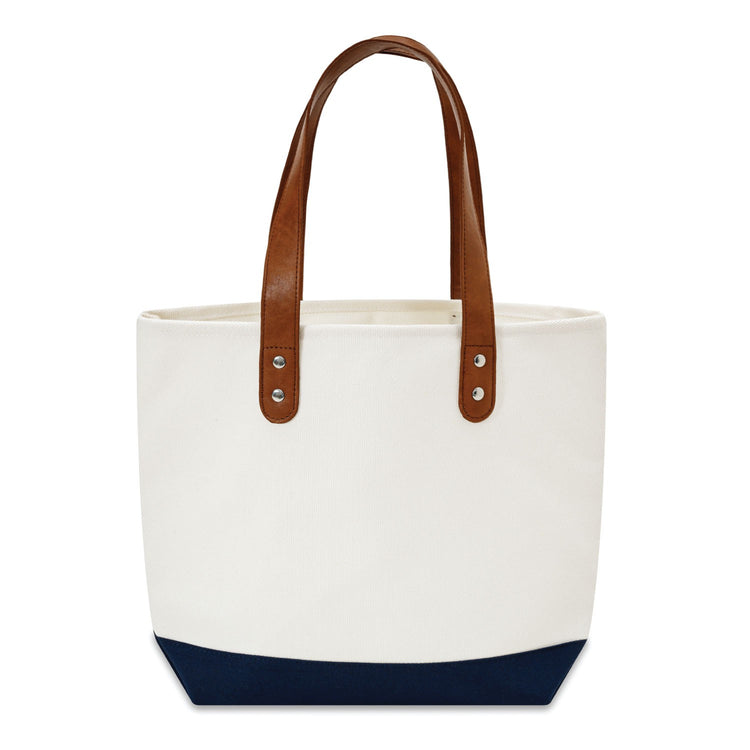 White tote bag with brown handles and navy bottom section on a white background