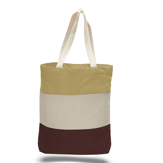 Tote bag with a gold, beige, maroon horizontal tri-tone colour block design on a white background