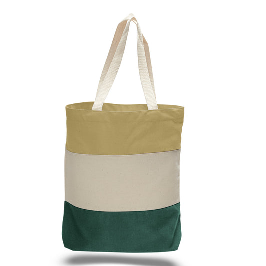Tote bag with a gold, beige, forest green horizontal tri-tone colour block design on a white background