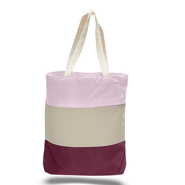 Tote bag with a light pink, beige, maroon horizontal tri-tone colour block design on a white background