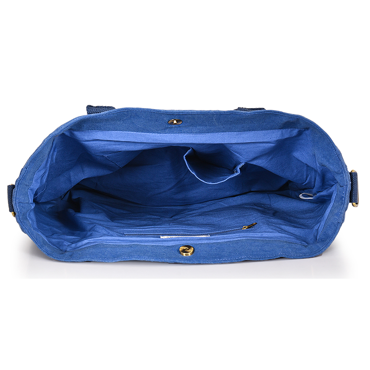 Blue bag with gold zippers on a white background