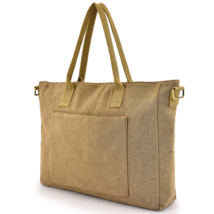 Beige tote bag with a pocket on a white background