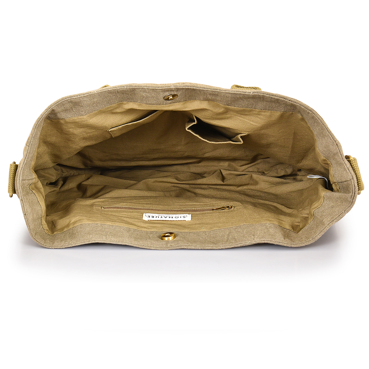 Open beige handbag with visible brand label on a white background