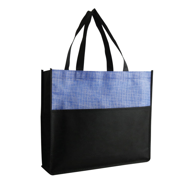 Black tote bag with blue patterned top section on a white background