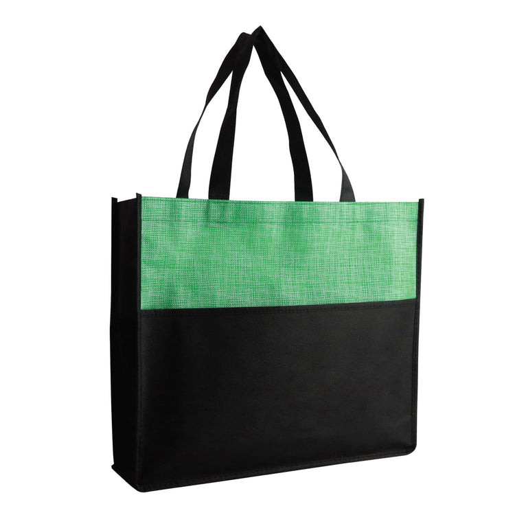 Green and black tote bag on a white background