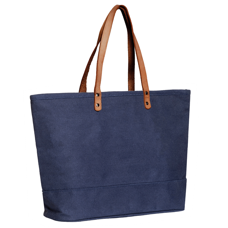 Blue tote bag with brown handles on a white background