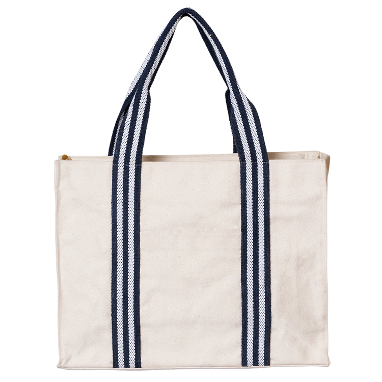 Beige tote bag with navy and white striped handles on a white background