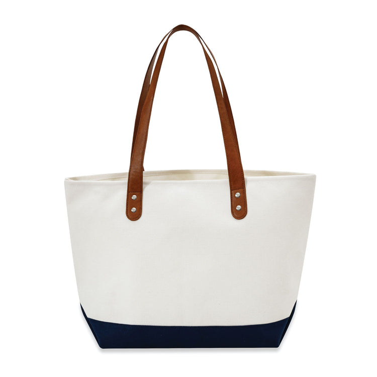 White tote bag with brown handles and navy bottom section on a white background