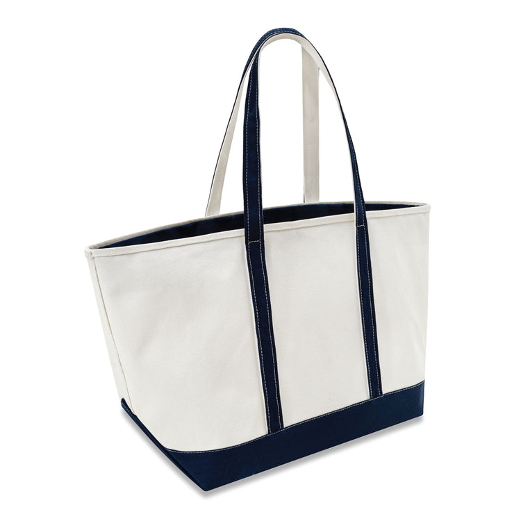 White tote bag with navy accents on a white background