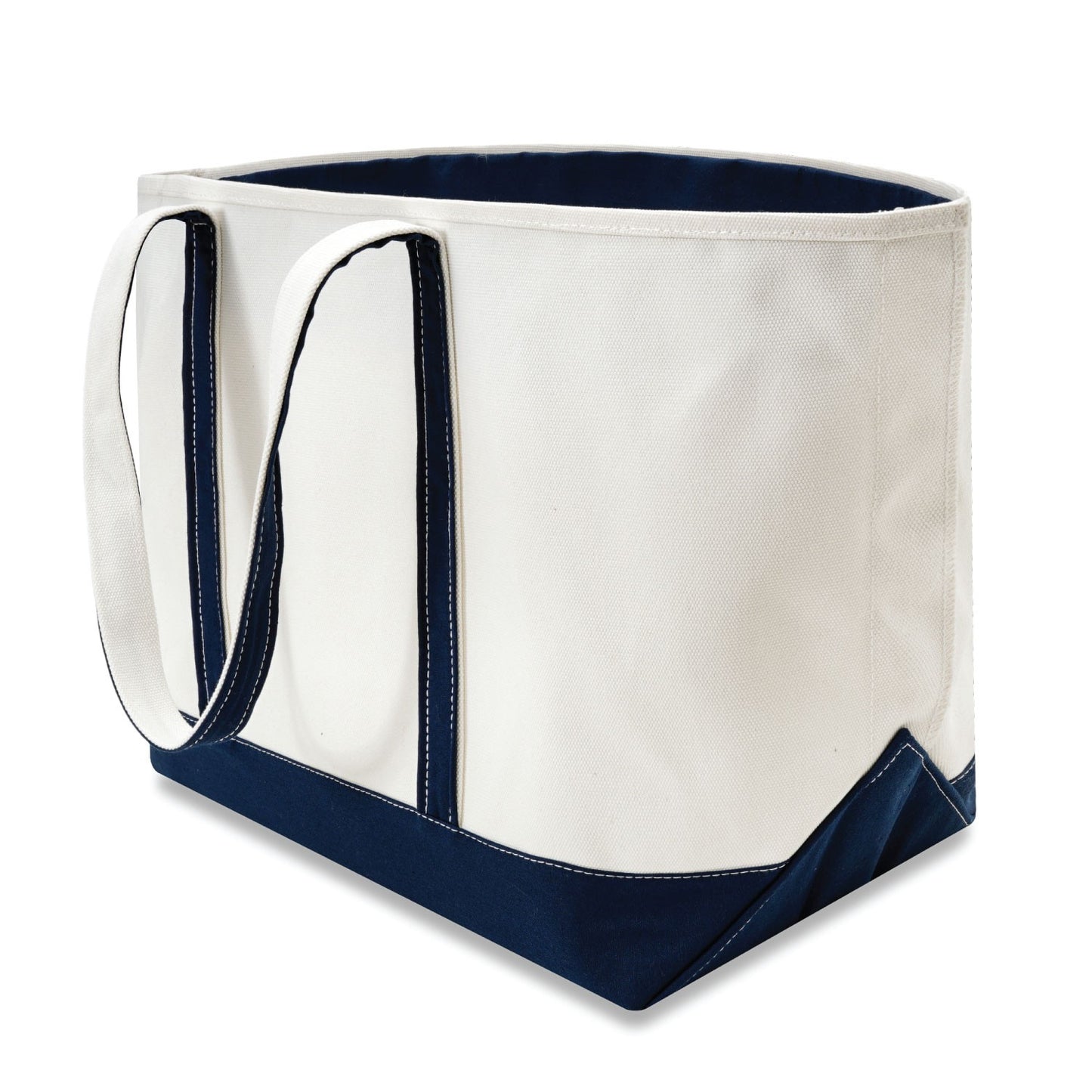 White tote bag with navy accents on a white background