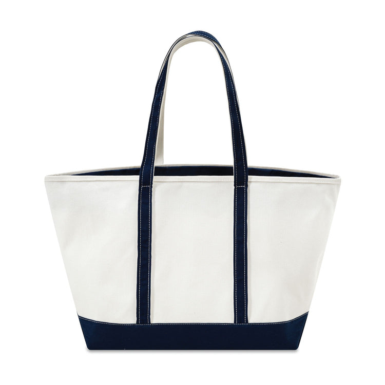 White tote bag with navy accents on a white background