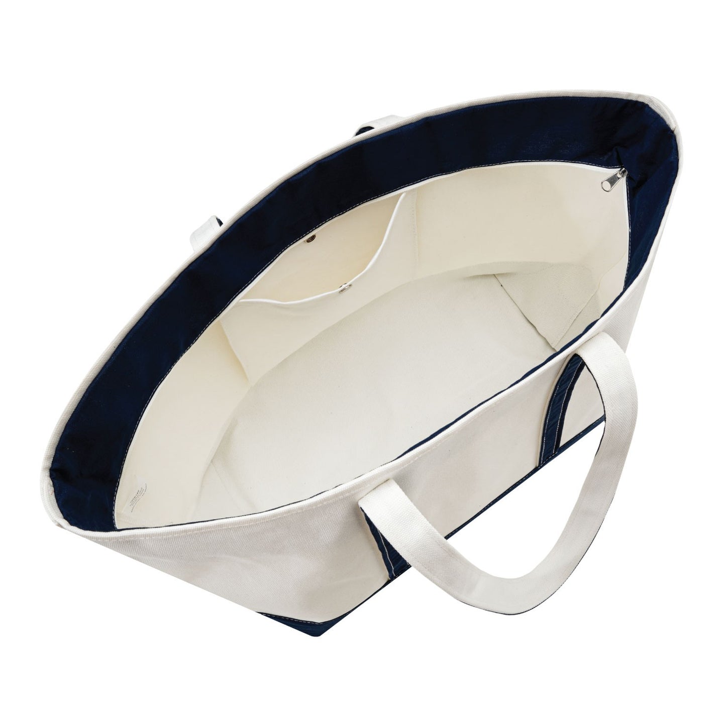 White tote bag with navy blue interior and trim on a white background