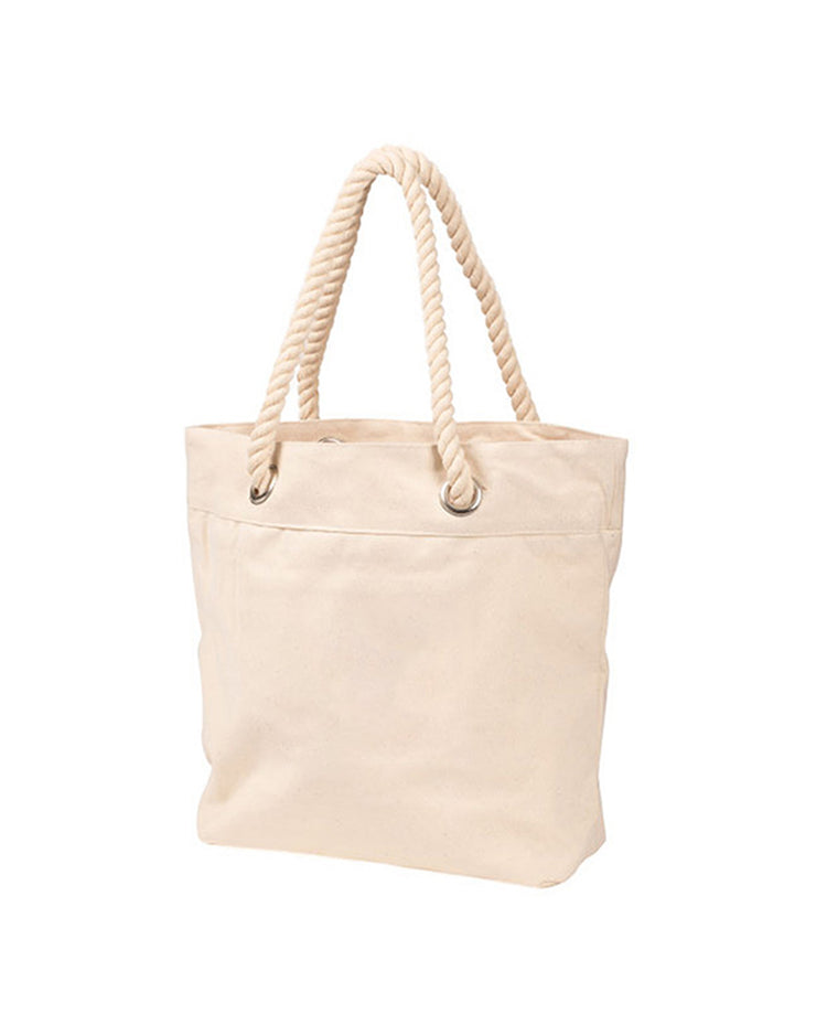 Beige tote bag with rope handles on a white background