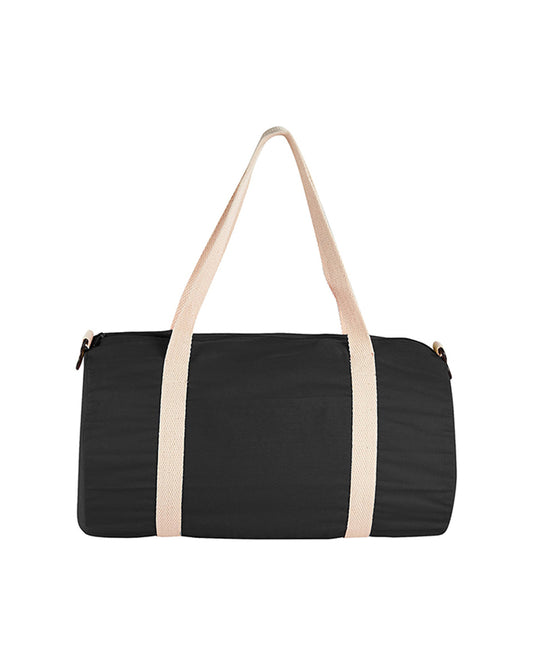 Black duffel bag with beige straps on a white background