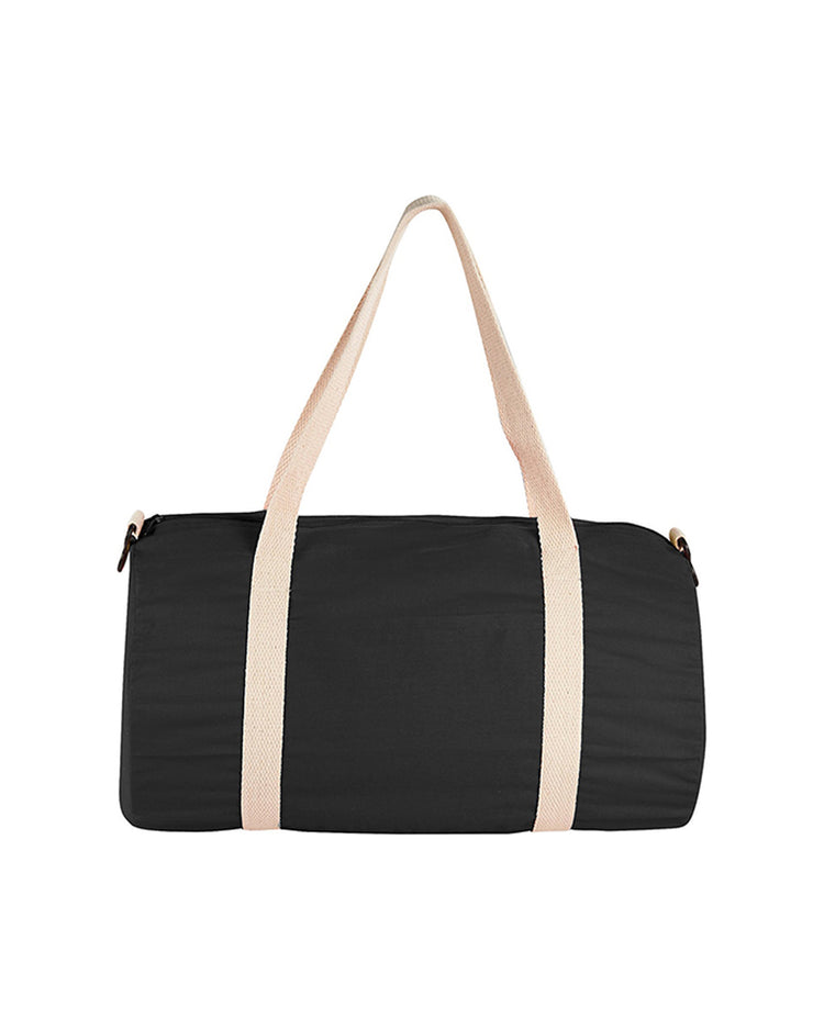 Black duffel bag with beige straps on a white background