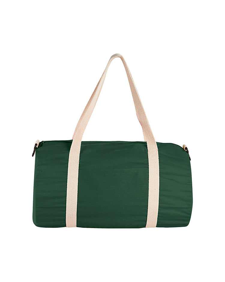 Green duffel bag with beige straps on a white background