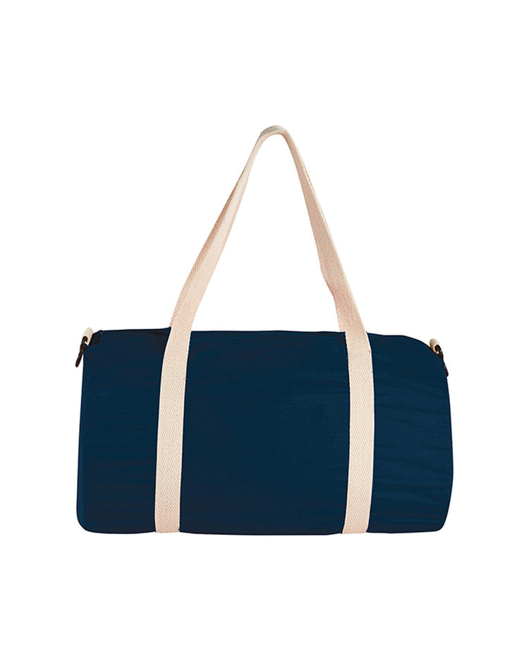 Navy blue duffel bag with beige straps on a white background