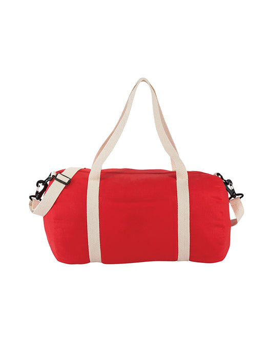 Red duffel bag with white straps on a white background