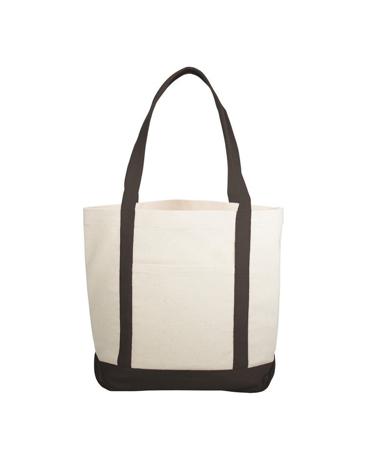 White tote bag with black handles on a white background