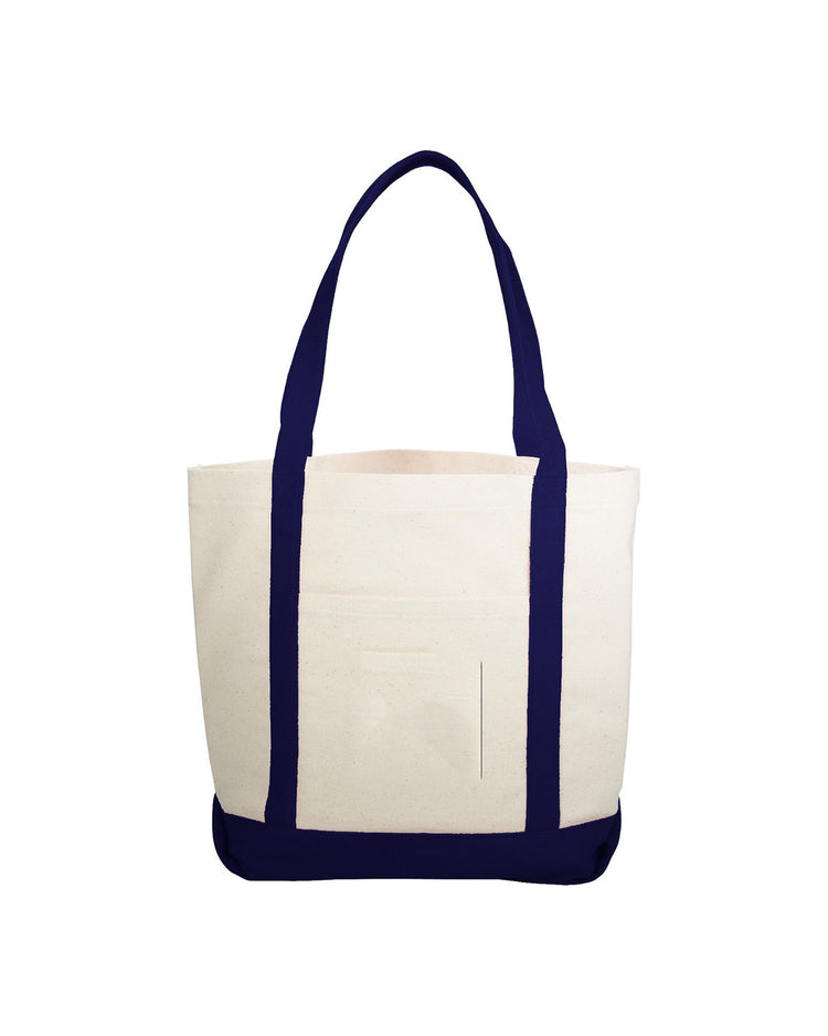 White tote bag with navy blue handles and trim on a white background
