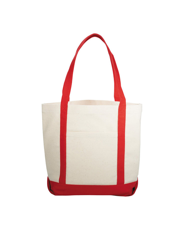 Beige tote bag with red handles and trim on a white background