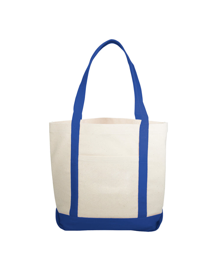 White tote bag with blue handles on a white background