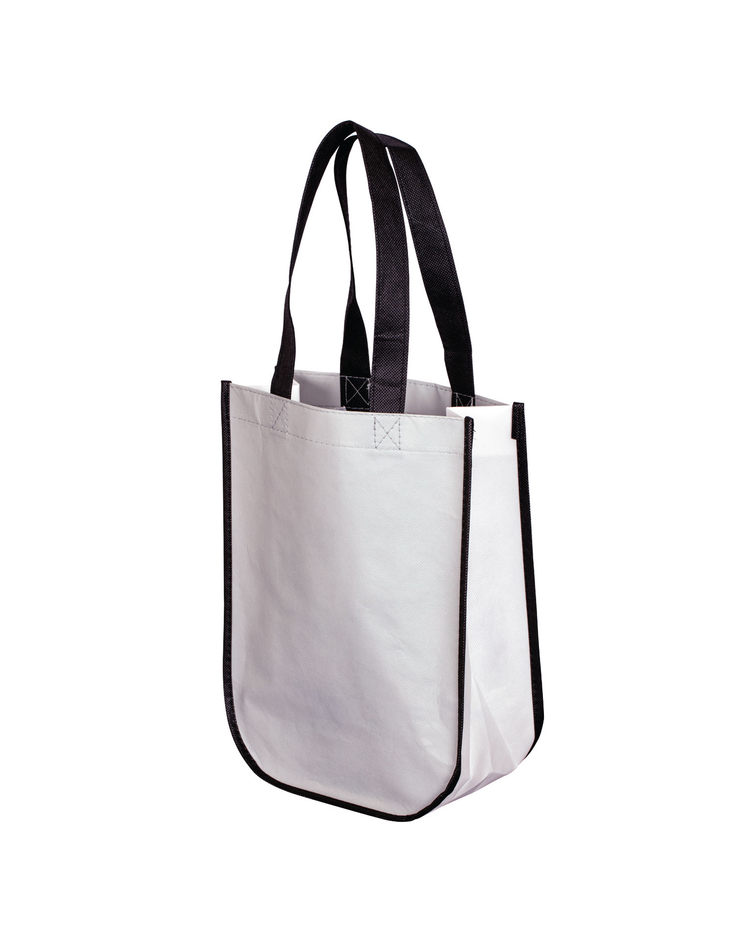 White tote bag with black handles on a white background